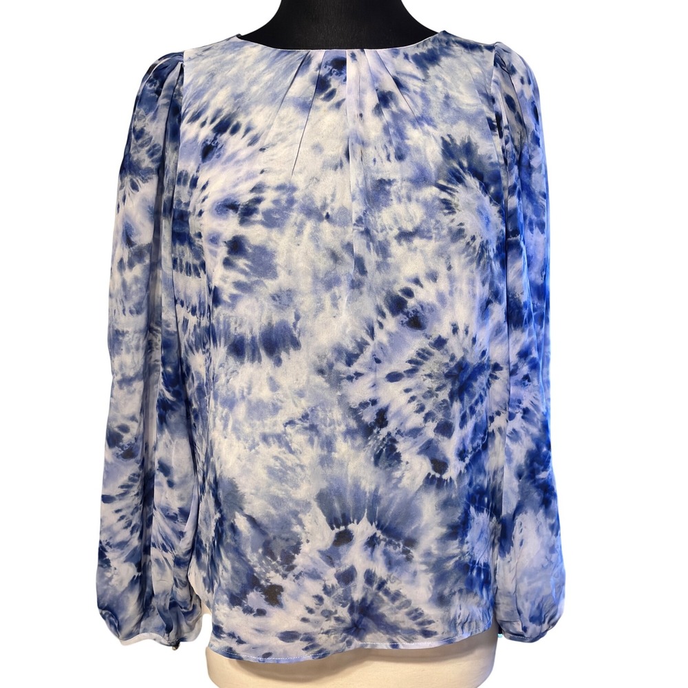 Calvin Klein Blue White Long Sleeve Pleated Neck Blouse Shirt Top Women Small
